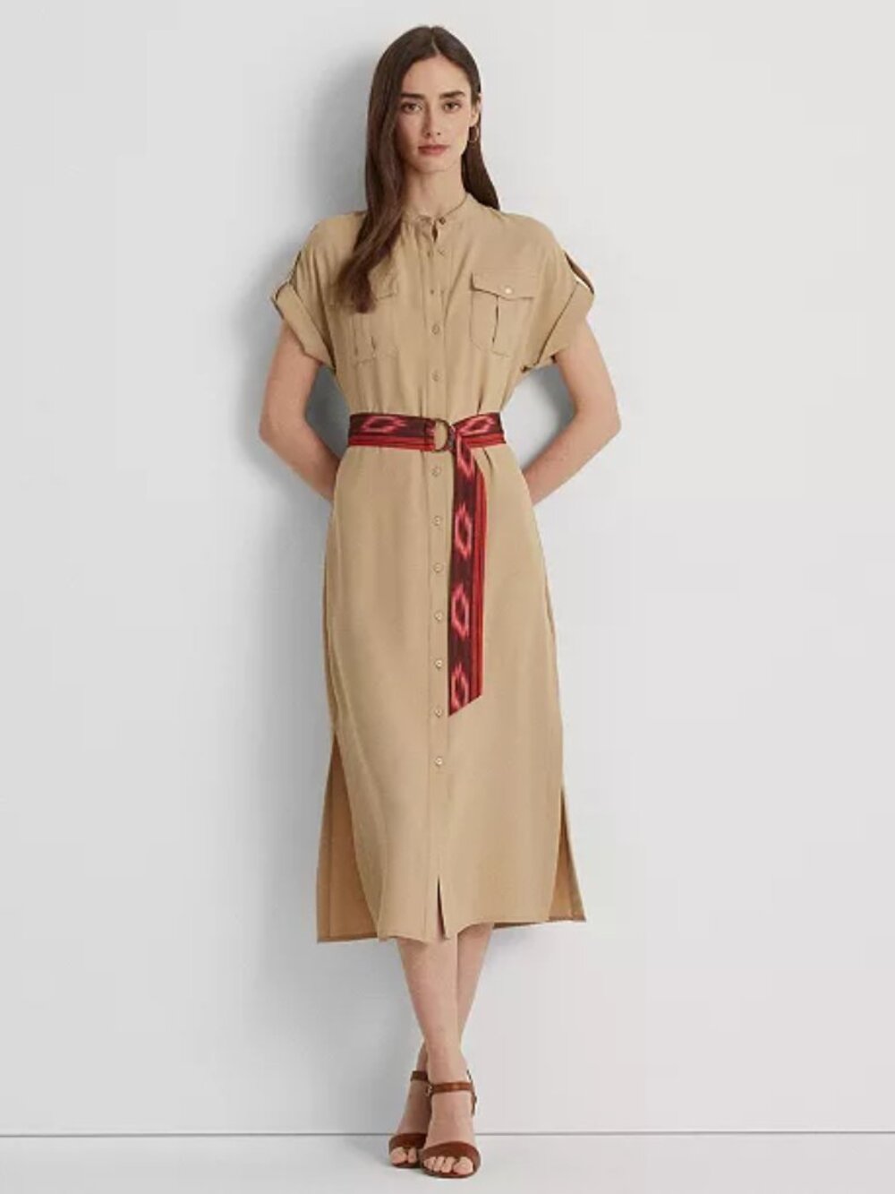 Lauren Ralph Lauren Beige Georgette Shirt Dress with Red Stripe Belt Size 14 NWT